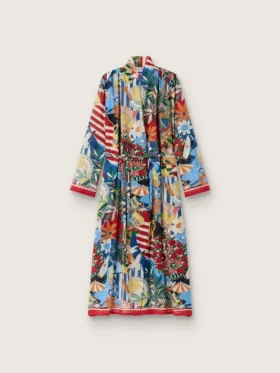 Women's kaftan dress in ecru cotton voile with multicolor print