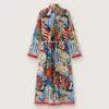 Women's kaftan dress in ecru cotton voile with multicolor print