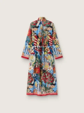 Women’s kaftan dress in ecru cotton voile with multicolor print