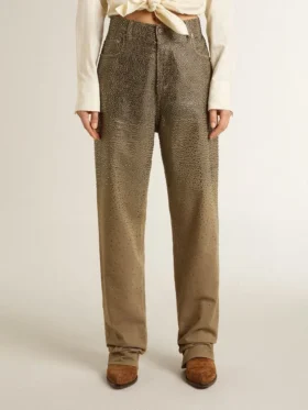 Women’s khaki cotton pants with gradient Swarovski effect