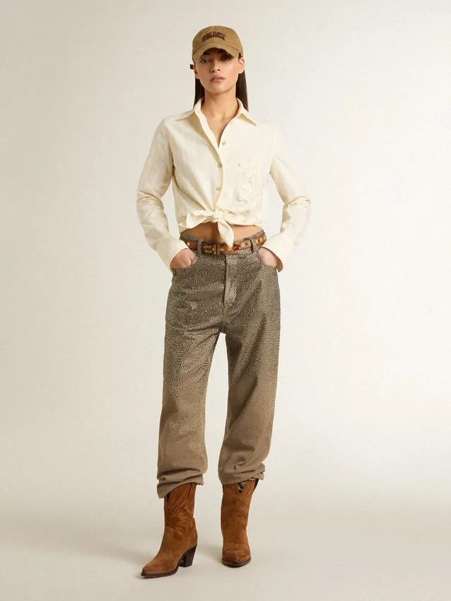 Women's khaki cotton pants with gradient Swarovski effect