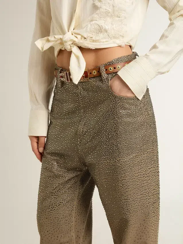 Women's khaki cotton pants with gradient Swarovski effect