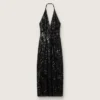 Women's long dress in tulle with floral embroidery in black sequins