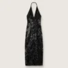 Women's long dress in tulle with floral embroidery in black sequins