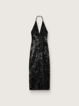 Women’s long dress in tulle with floral embroidery in black sequins
