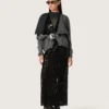Women's long dress in tulle with floral embroidery in black sequins
