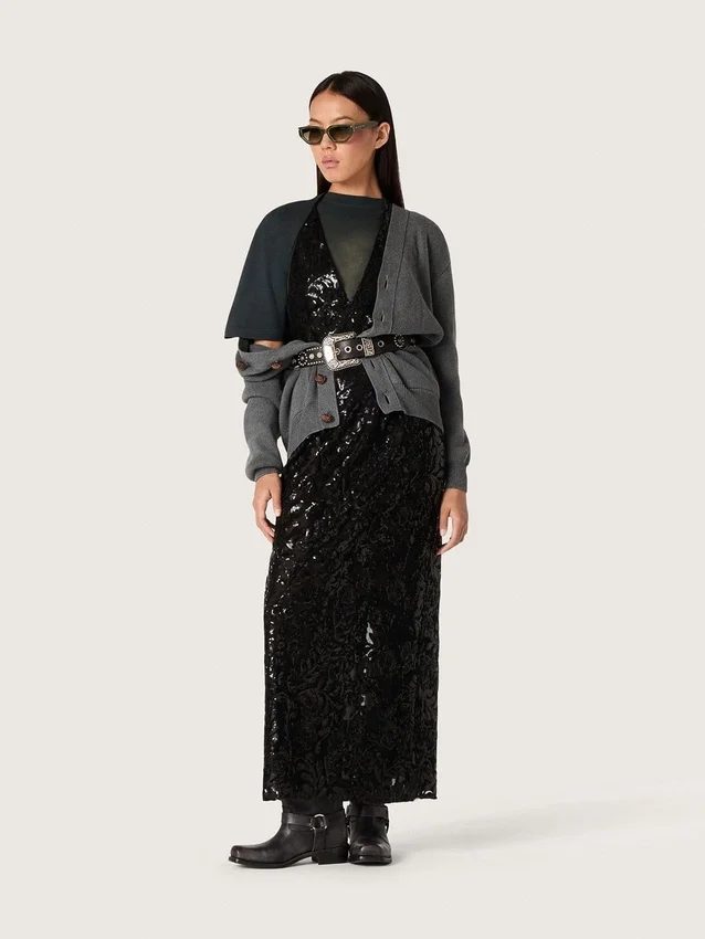 Women's long dress in tulle with floral embroidery in black sequins