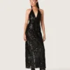 Women's long dress in tulle with floral embroidery in black sequins