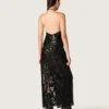 Women's long dress in tulle with floral embroidery in black sequins