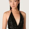 Women's long dress in tulle with floral embroidery in black sequins