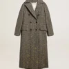 Women's long herringbone coat with yellow details