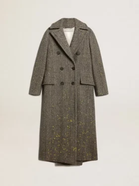 Women's long herringbone coat with yellow details