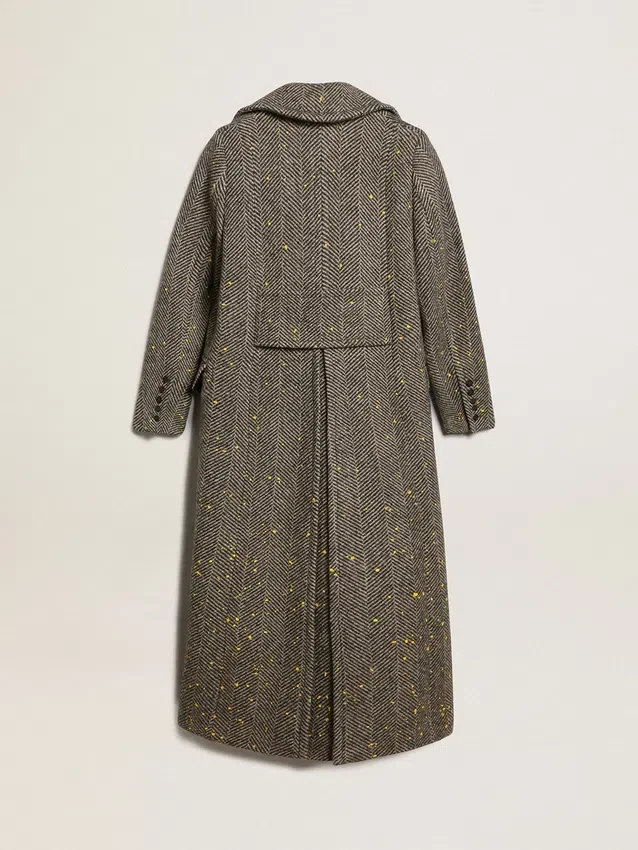 Women's long herringbone coat with yellow details