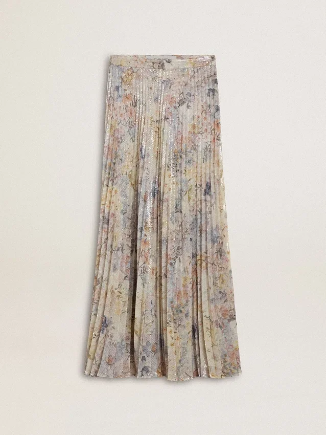 Women's long pleated skirt with multicolor floral sequin print