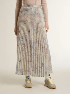 Women’s long pleated skirt with multicolor floral sequin print