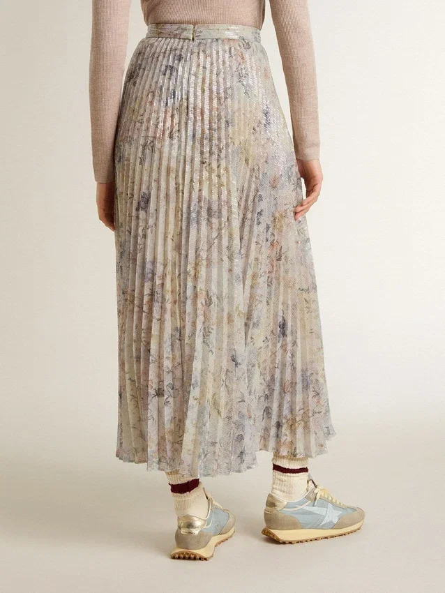 Women's long pleated skirt with multicolor floral sequin print