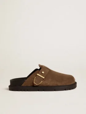Women's Lucy Sabot in dove-gray suede with gold metal buckle