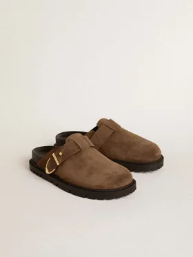 Women’s Lucy Sabot in dove-gray suede with gold metal buckle
