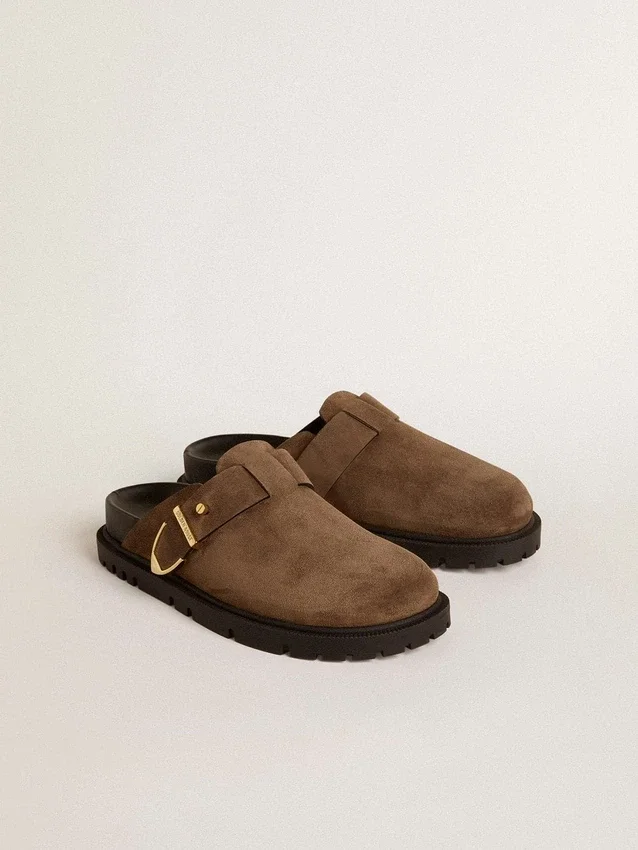 Women's Lucy Sabot in dove-gray suede with gold metal buckle
