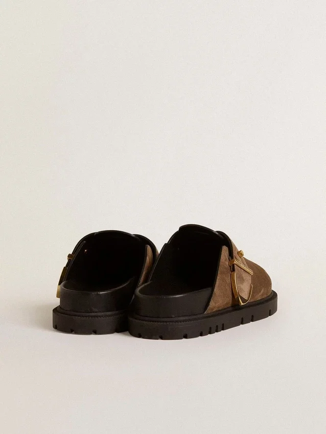 Women's Lucy Sabot in dove-gray suede with gold metal buckle