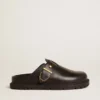Women's Lucy Sabot in glossy black leather with gold metal buckle