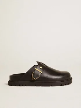 Women's Lucy Sabot in glossy black leather with gold metal buckle