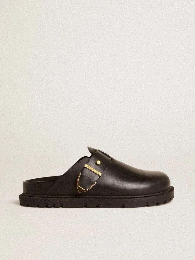 Women's Lucy Sabot in glossy black leather with gold metal buckle