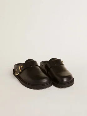 Women’s Lucy Sabot in glossy black leather with gold metal buckle