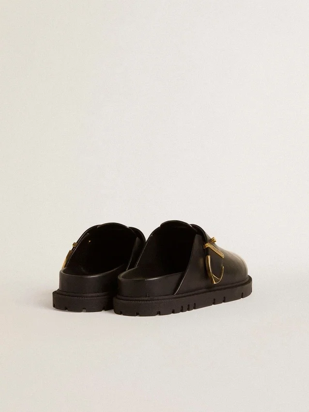 Women's Lucy Sabot in glossy black leather with gold metal buckle