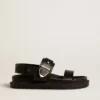Women's Lucy sandal in glossy black leather with gold metal buckle