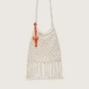 Women's macramé bag in butter-colored cotton with a leather lobster charm