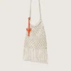 Women's macramé bag in butter-colored cotton with a leather lobster charm