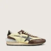 Women’s Marathon in lime-green nylon with black star and brown suede inserts