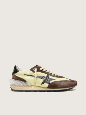 Women’s Marathon in lime-green nylon with black star and brown suede inserts