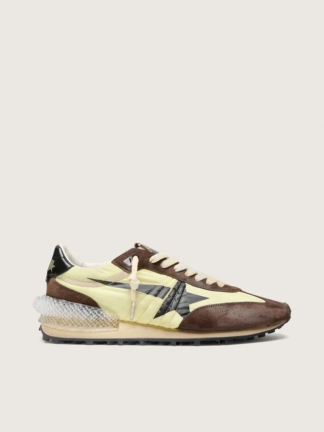 Women’s Marathon in lime-green nylon with black star and brown suede inserts