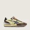 Women’s Marathon in lime-green nylon with black star and brown suede inserts