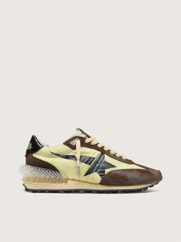 Women’s Marathon in lime-green nylon with black star and brown suede inserts