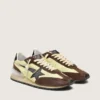 Women’s Marathon in lime-green nylon with black star and brown suede inserts
