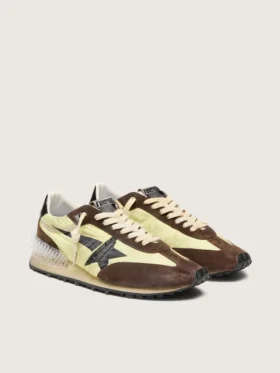 Women’s Marathon in lime-green nylon with black star and brown suede inserts