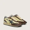 Women’s Marathon in lime-green nylon with black star and brown suede inserts