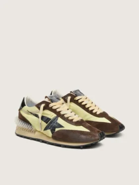 Women’s Marathon in lime-green nylon with black star and brown suede inserts