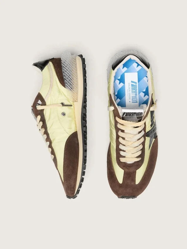 Women’s Marathon in lime-green nylon with black star and brown suede inserts