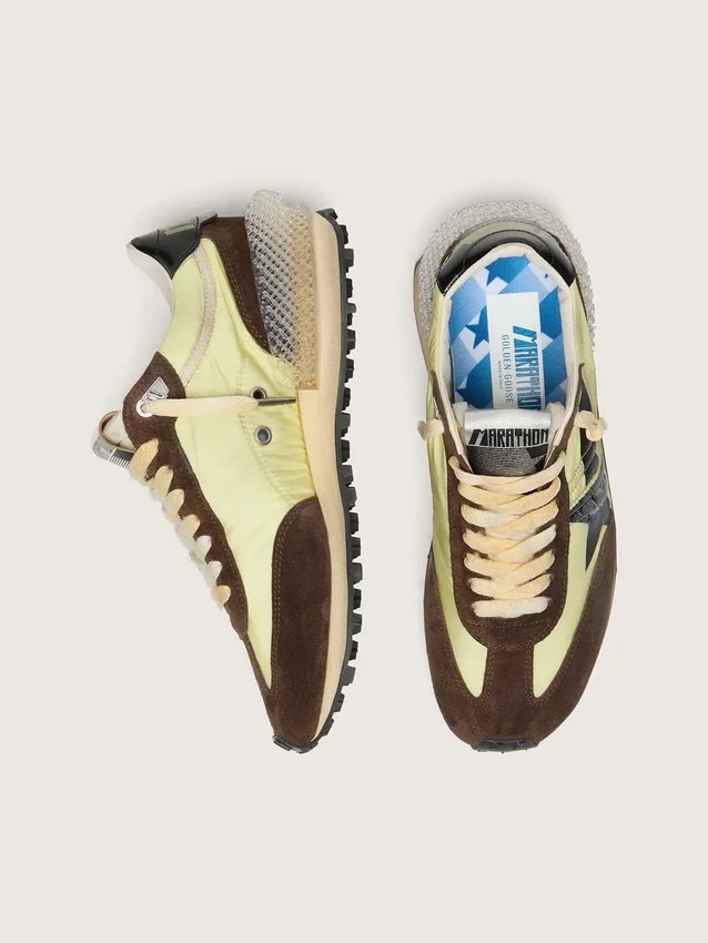 Women’s Marathon in lime-green nylon with black star and brown suede inserts
