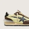 Women’s Marathon in lime-green nylon with black star and brown suede inserts