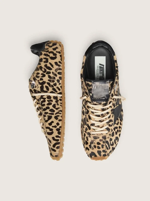 Women's Marathon Speed in beige and black leopard-print pony skin with black leather star