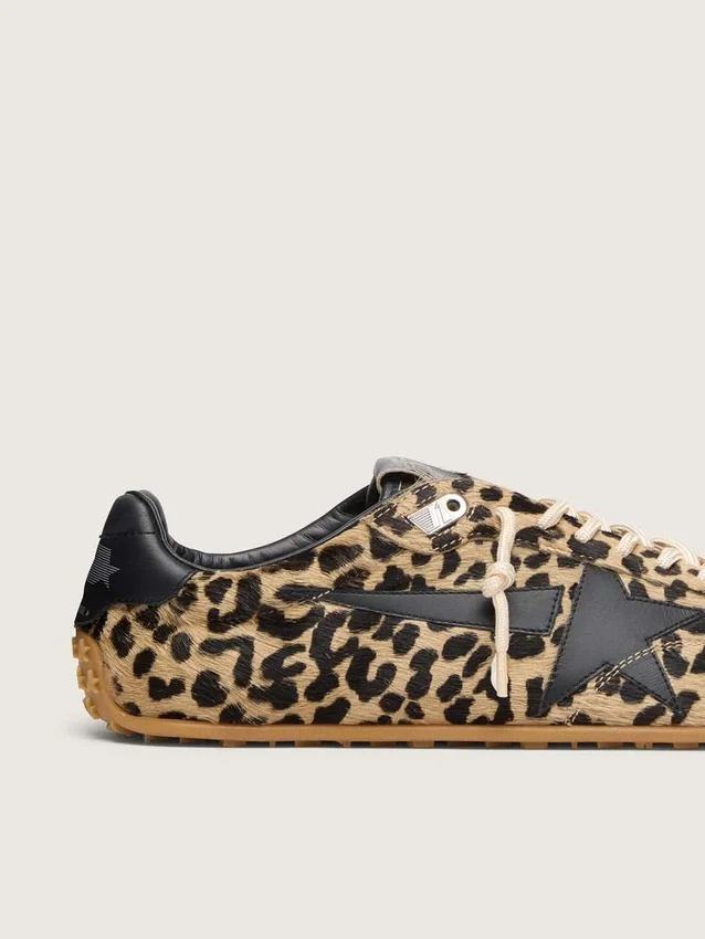 Women's Marathon Speed in beige and black leopard-print pony skin with black leather star