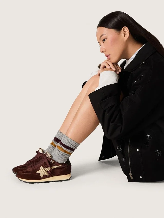 Women's Marathon with brown satin upper and platinum leather star