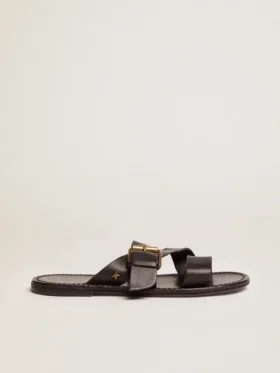 Women's Margaret flat sandals in black resin-coated leather