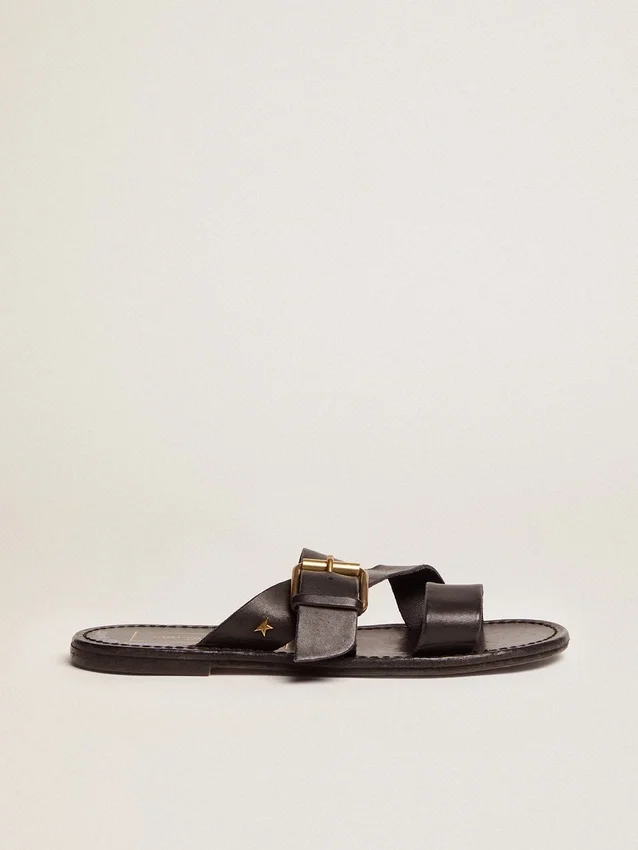 Women's Margaret flat sandals in black resin-coated leather