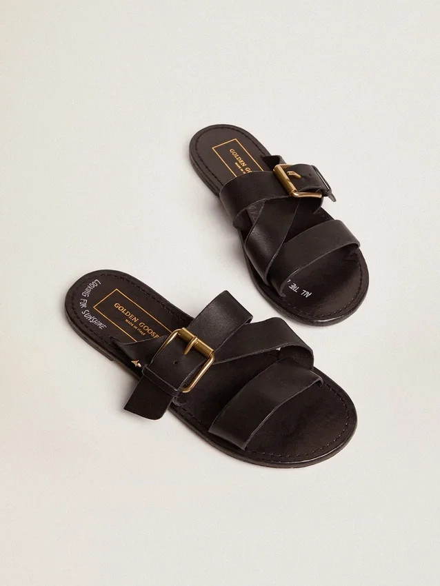 Women's Margaret flat sandals in black resin-coated leather